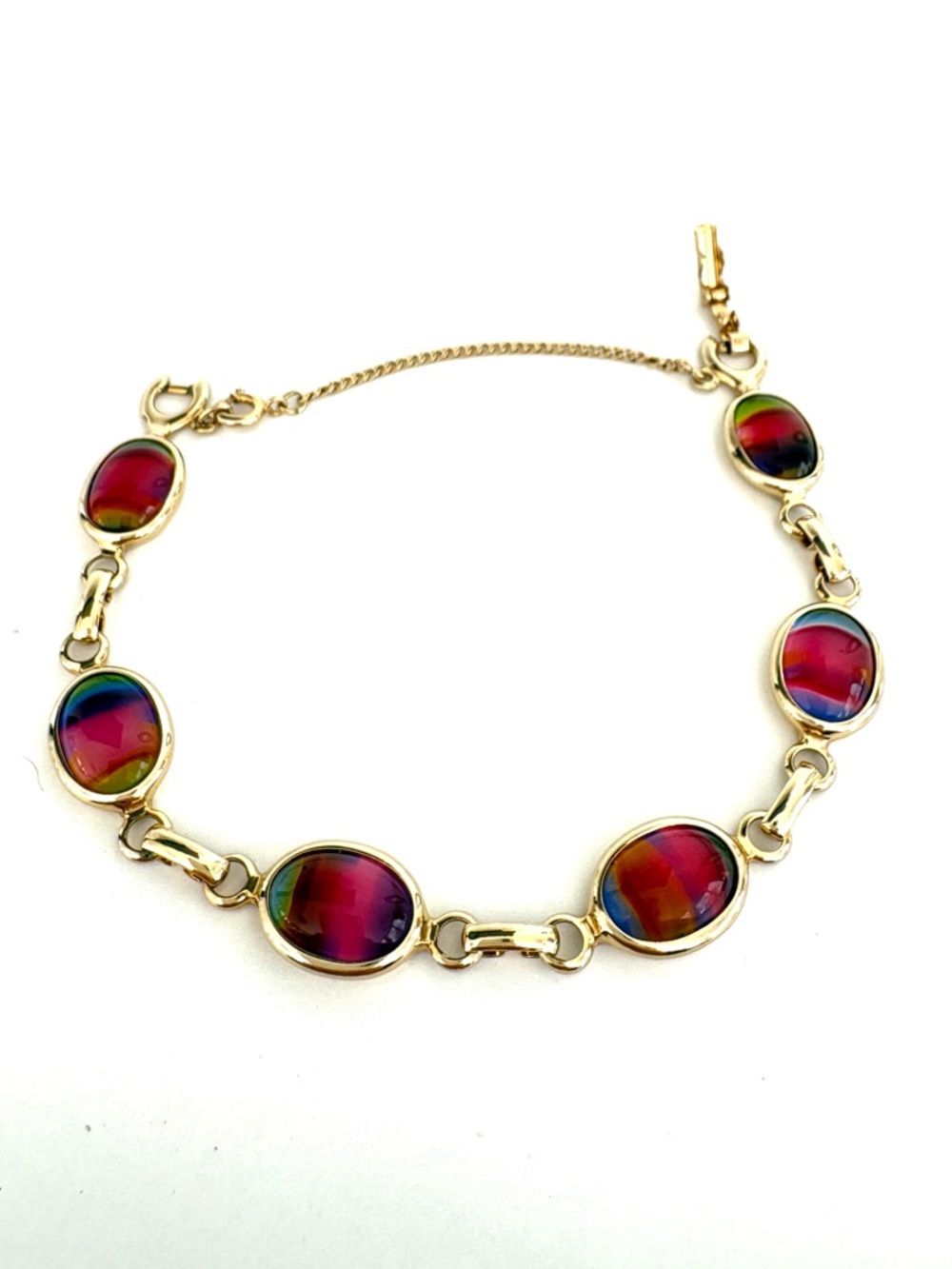 Sarah Coventry Rainbow Glass Gold-Tone Bracelet with Safety Chain 7.25”